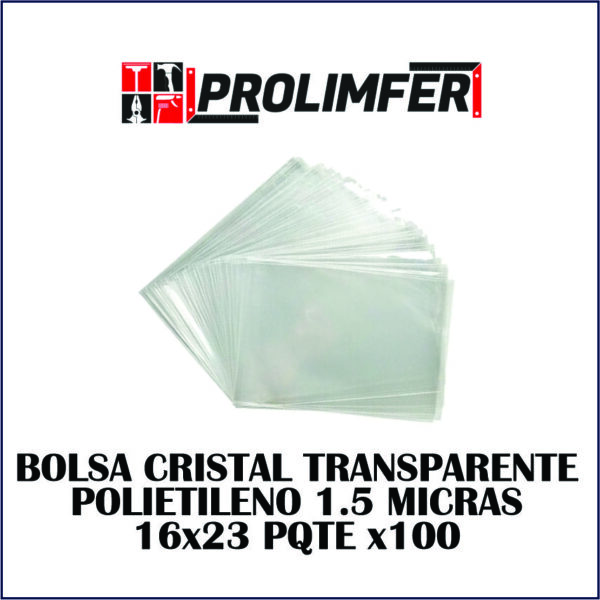 Bolsa cristal transparente polietileno 1.5 micras 16x23cm pqte x100