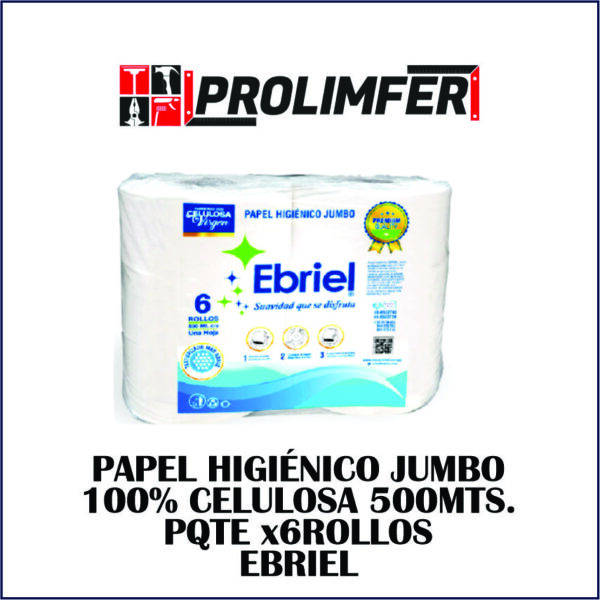 Papel higiénico jumbo 100% celulosa 500mts pqte x6rollos - EBRIEL