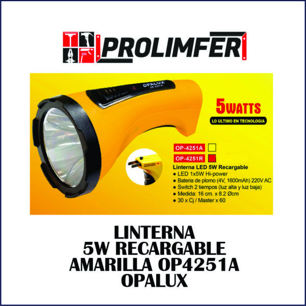 Linterna 5w recargable amarilla OP-4251A - OPALUX