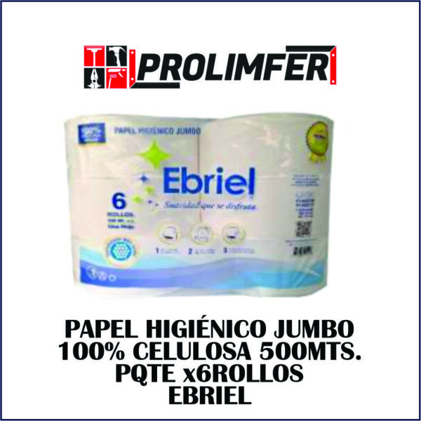 Papel higiénico jumbo 100% celulosa 500mts pqt x6rollos - EBRIEL