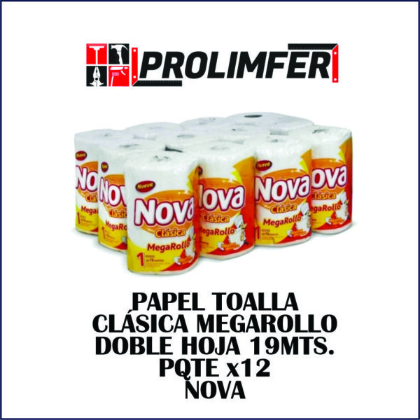 Papel toalla clásica megarollo doble hoja 19mts pqte x12 - NOVA