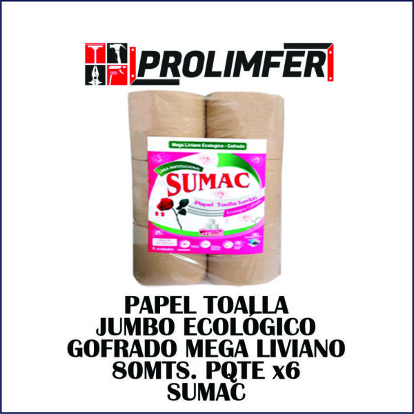 Papel toalla jumbo ecológico gofrado mega liviano 80mts pqte x6 - SUMAC