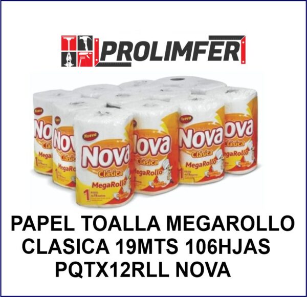 Papel toalla clásica megarollo doble hoja 19mts pqte x12 - NOVA