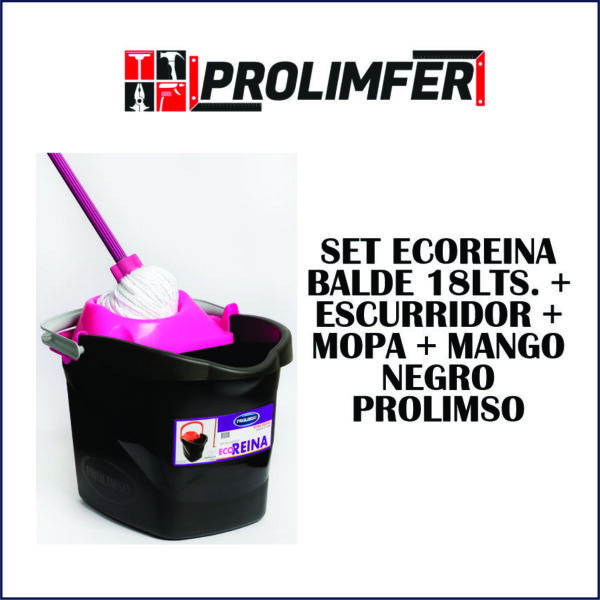 Set ecoreina negro balde 18lts + escurridor + mopa + mango - PROLIMSO