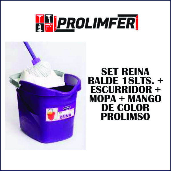 Set reina de color balde 18lts + escurridor + mopa + mango - PROLIMSO